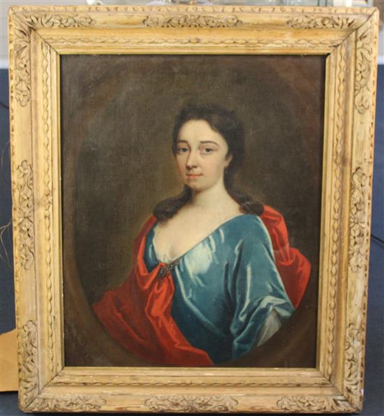 Manner of Charles Jervas (1675-1739) Portrait of a lady wearing a blue dress, 30.5 x 24.5in.